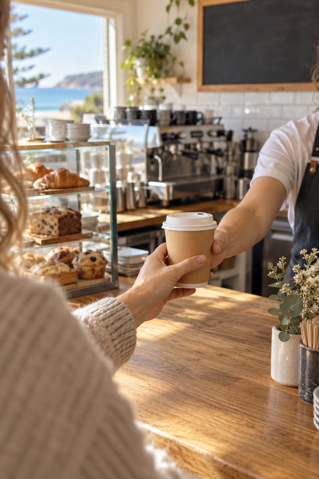 A barista handing a takeaway coffee across the counter of a small coastal cafe