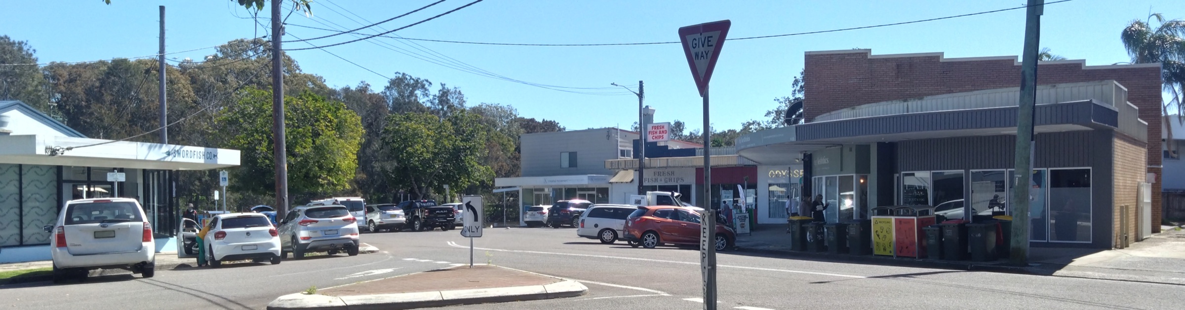 The shops on Ocean Street, Budgewoi, on a sunny day