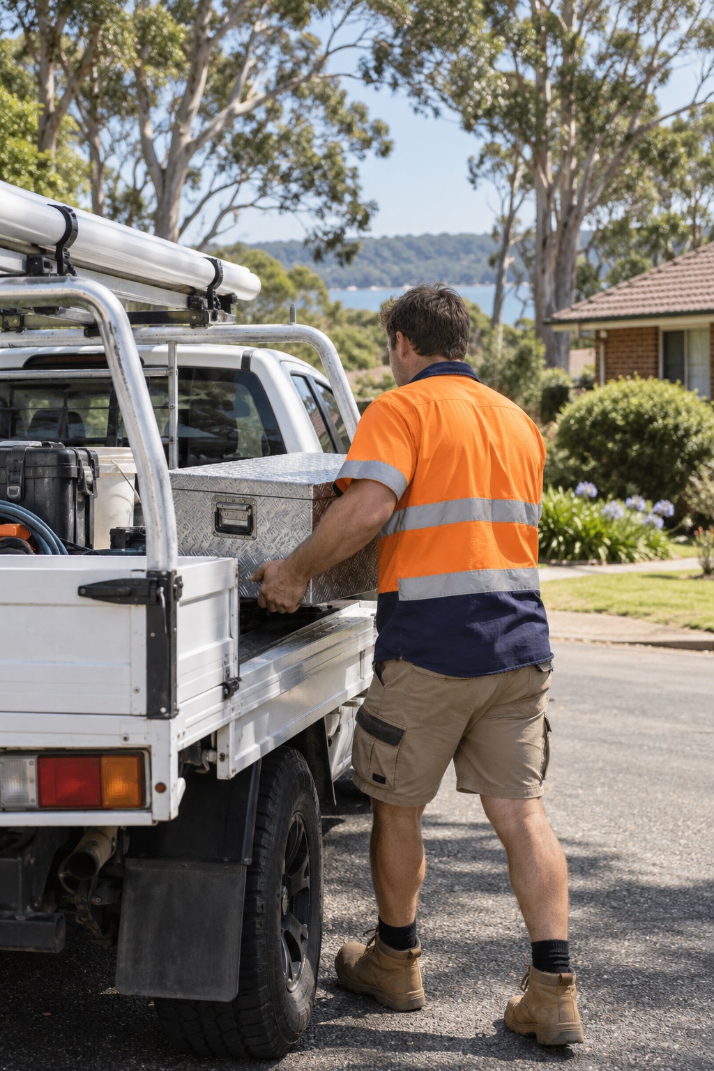 A plumber loading tools into the back of a ute on a quiet suburban street